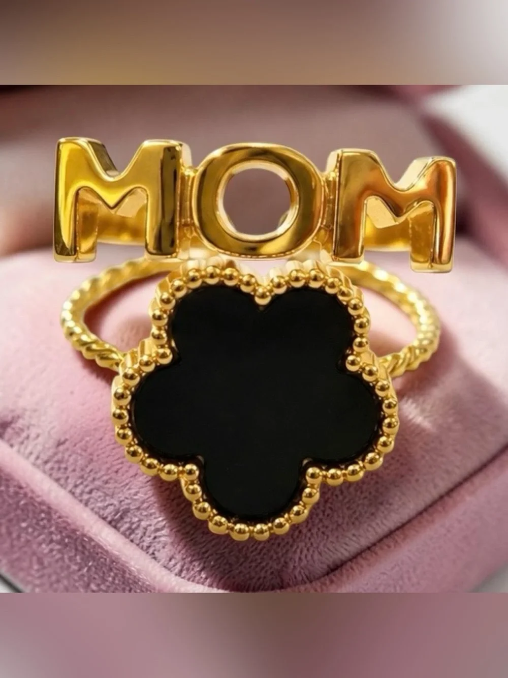 Gold Stainless Steel Ring Set – MOM Ring + Black Clover Ring | Water Resistant